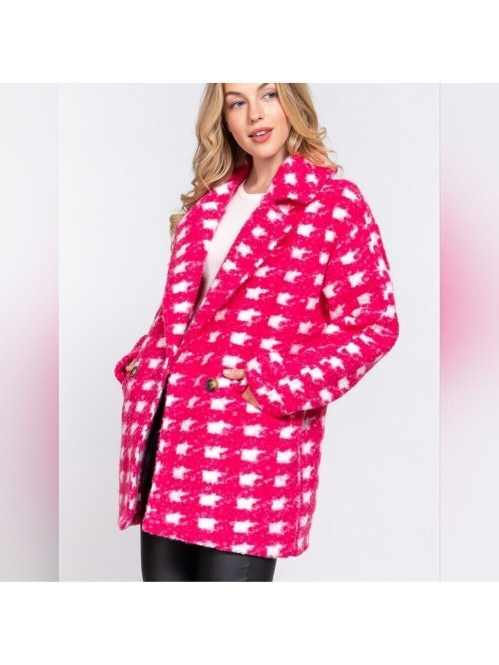NWT Pink Plaid Fleece Pea Coat Women’s Cozy Teddy Jacket Small Medium Large - Picture 3 of 5